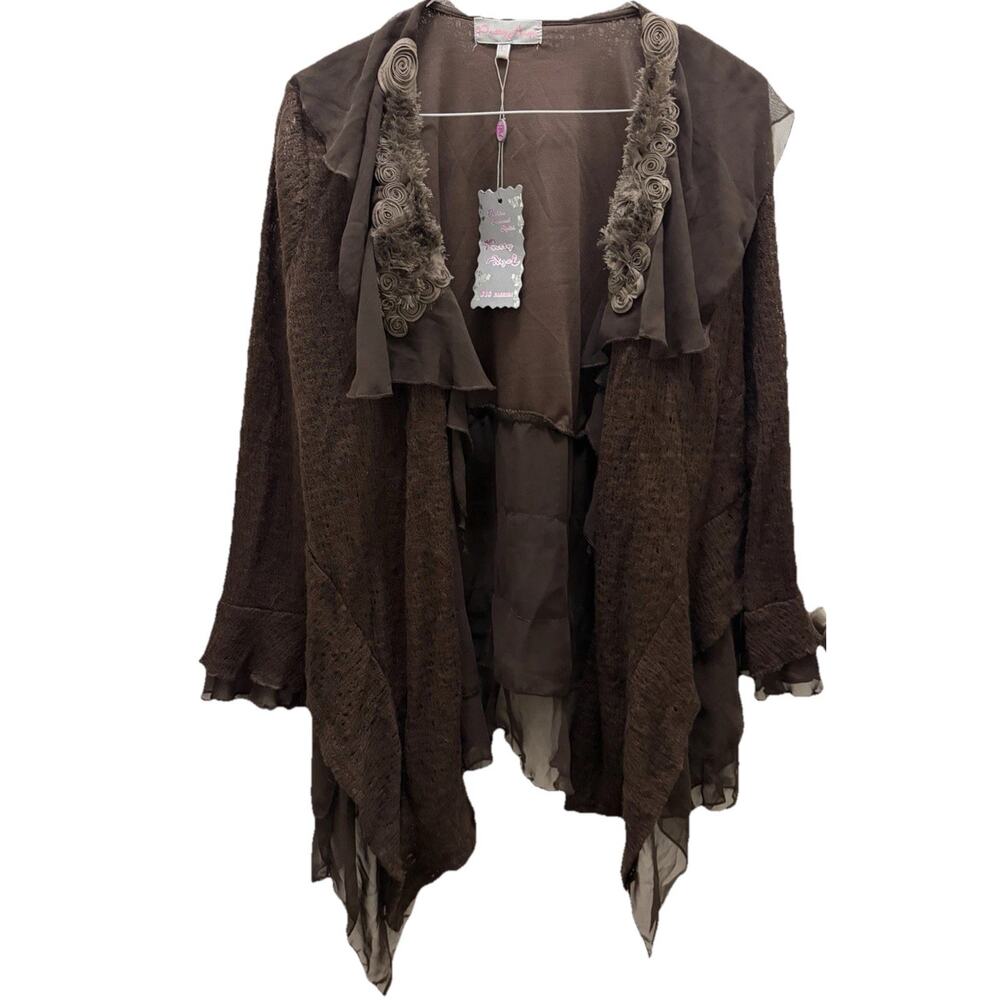 Pretty Angel Boho Brown Lace Cardigan Layering Jacket Size L NWT Rosette Trim
